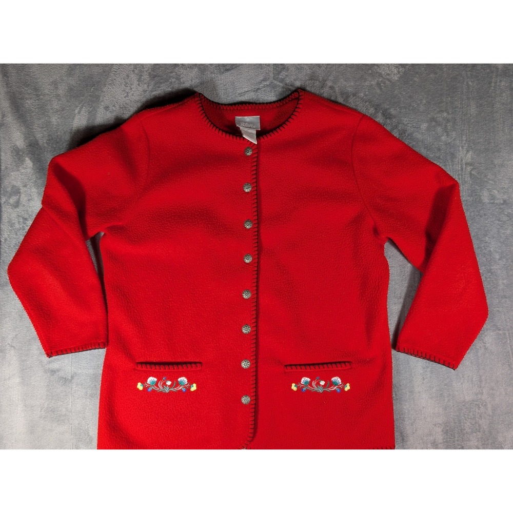 Blair Women's Red Fleece Button Front Floral Embroidered Jacket Size Large